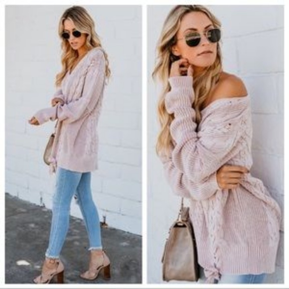 Oversized Cable Knit Lace Up Sweater | Mauve - Picture 4 of 6